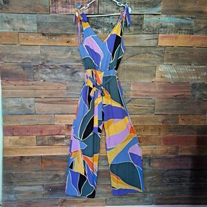 Printed V-Neck Tie-Strap Jumpsuit in Purple & Mustard